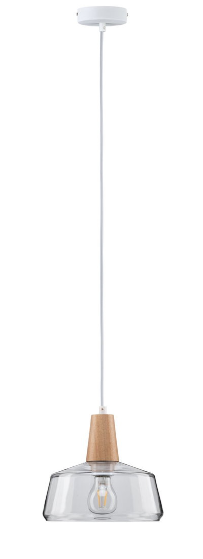 Hängelampe mit klarem Glas und Holzdetail, weißes Kabel, moderner minimalistischer Lampenschirm