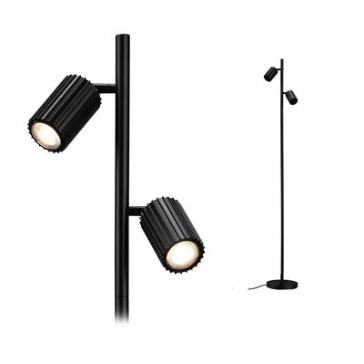 Black metal floor lamp with two adjustable LED spotlights for modern home lighting