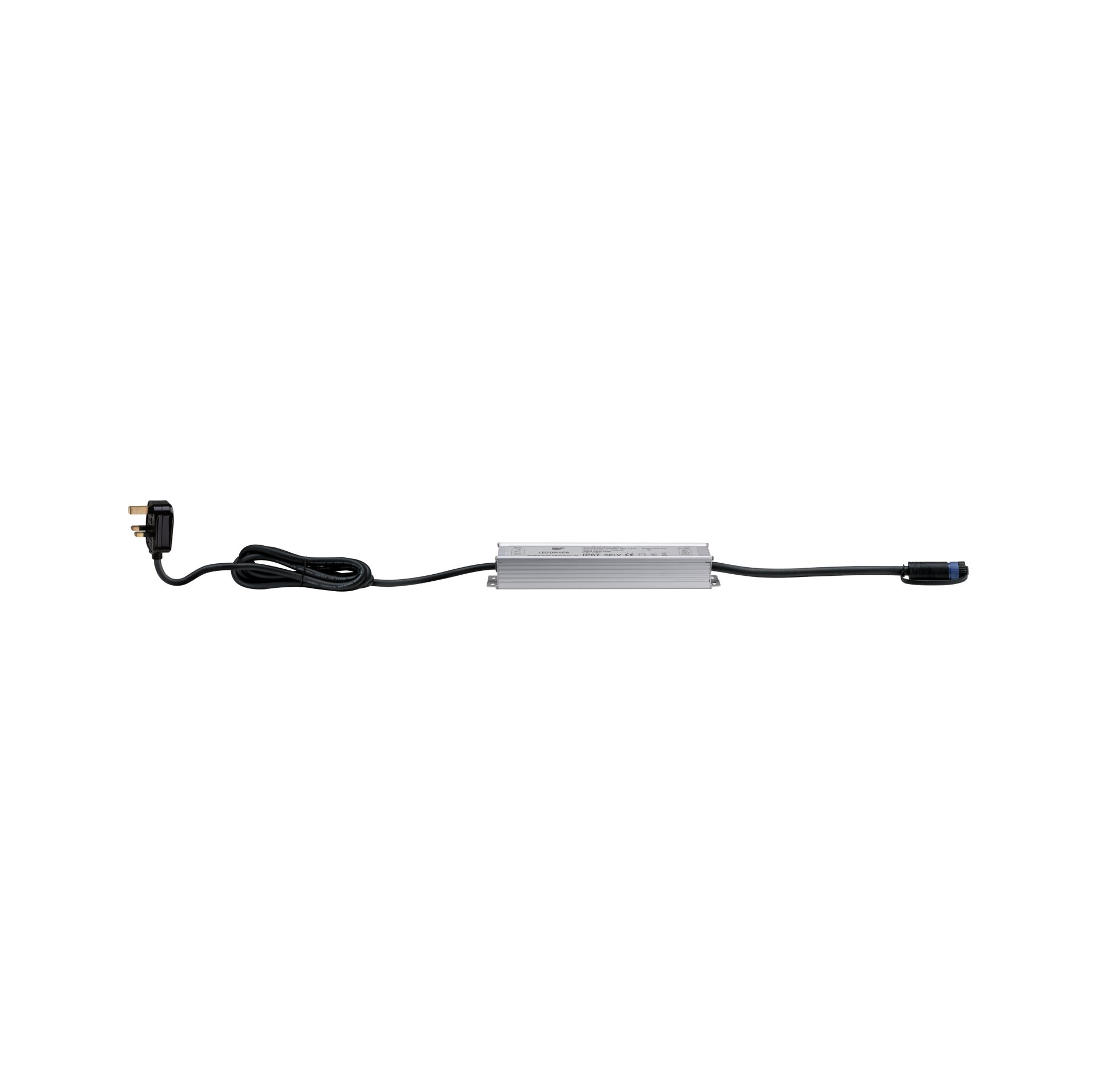 Plug & Shine Power Supply UK IP67 230/24V 150VA Silver Aluminum LED driver with black cable and plug for LED lighting systems