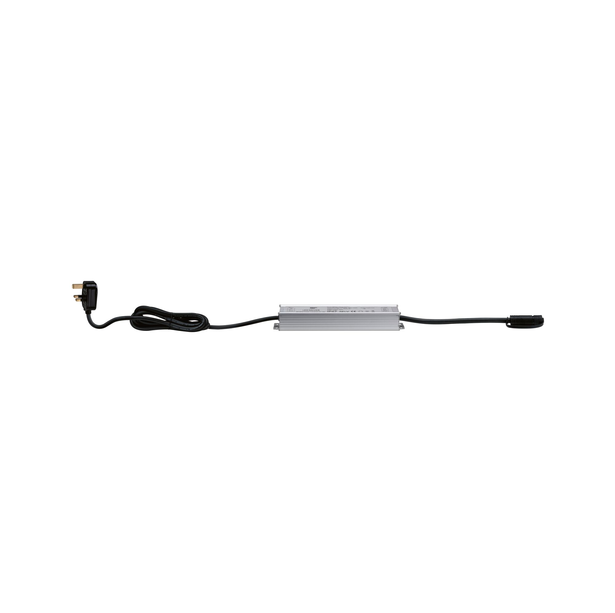 Plug & Shine Power Supply UK IP67 230/24V 150VA Silver Aluminum LED driver with black cable and plug for LED lighting systems