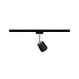 Black metal LED spotlight on track system, adjustable for focused lighting in rooms