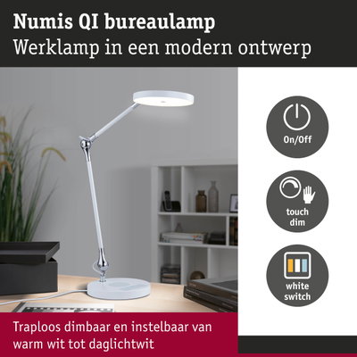 Witte Numis QI LED bureaulamp met touch dimmer en instelbaar licht van warm wit tot daglichtwit