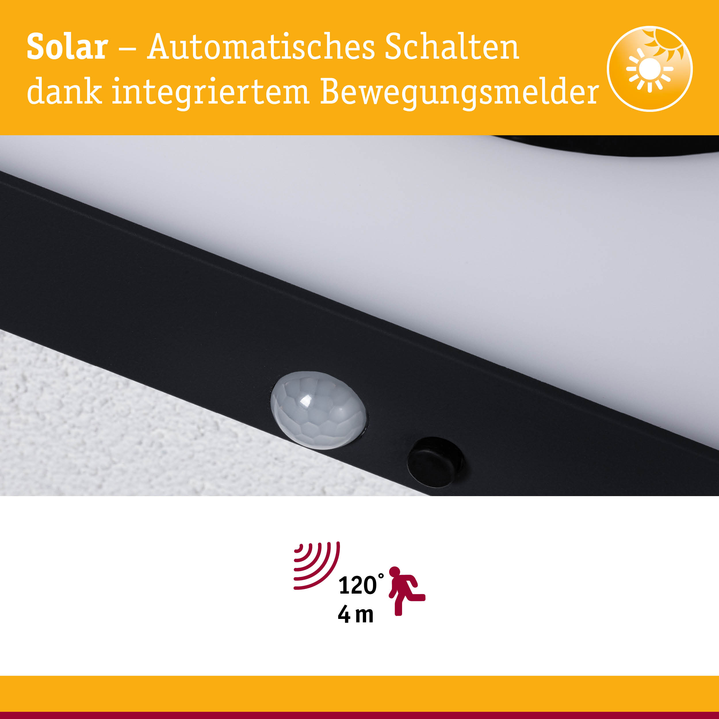 Nahaufnahme eines schwarzen Solarlampen-Bewegungsmelders mit 120° Erfassungswinkel und 4 m Reichweite