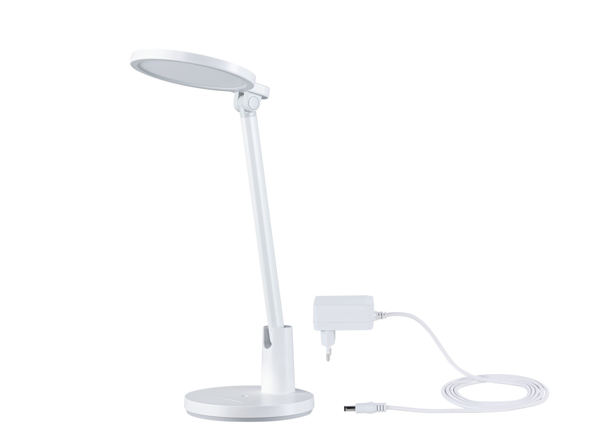 Witte LED-bureaulamp van kunststof met ronde kop en netadapter voor kantoorverlichting