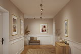 Beige hallway with wood parquet, bench, sideboard and Paulmann LED ceiling spotlights for home lighting