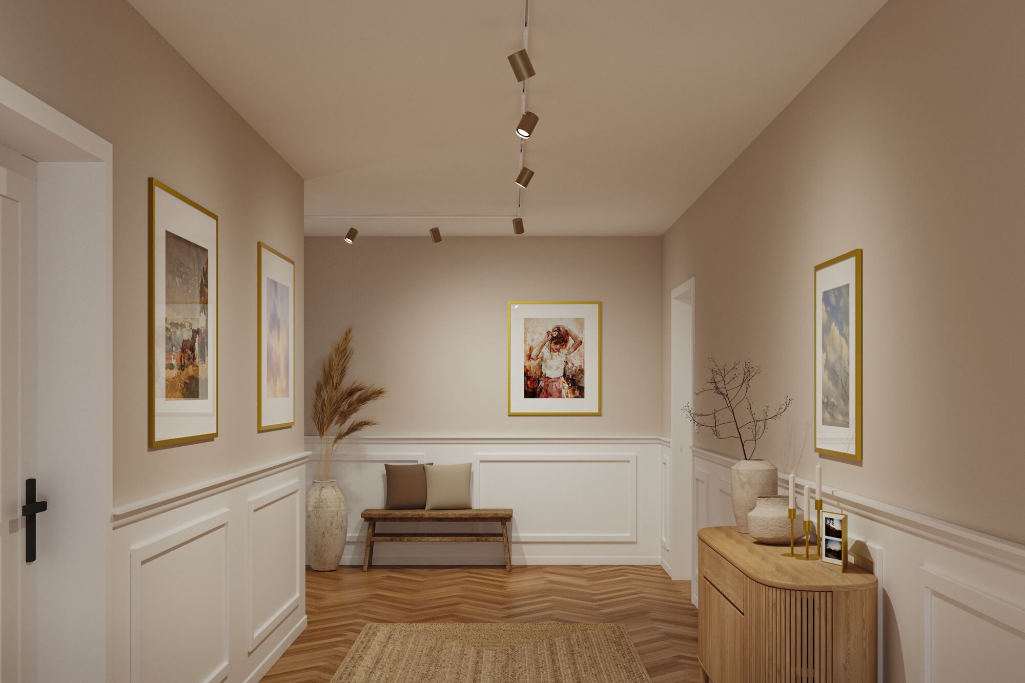 Couloir beige avec parquet en bois, banc, buffet et spots LED au plafond Paulmann pour éclairage intérieur
