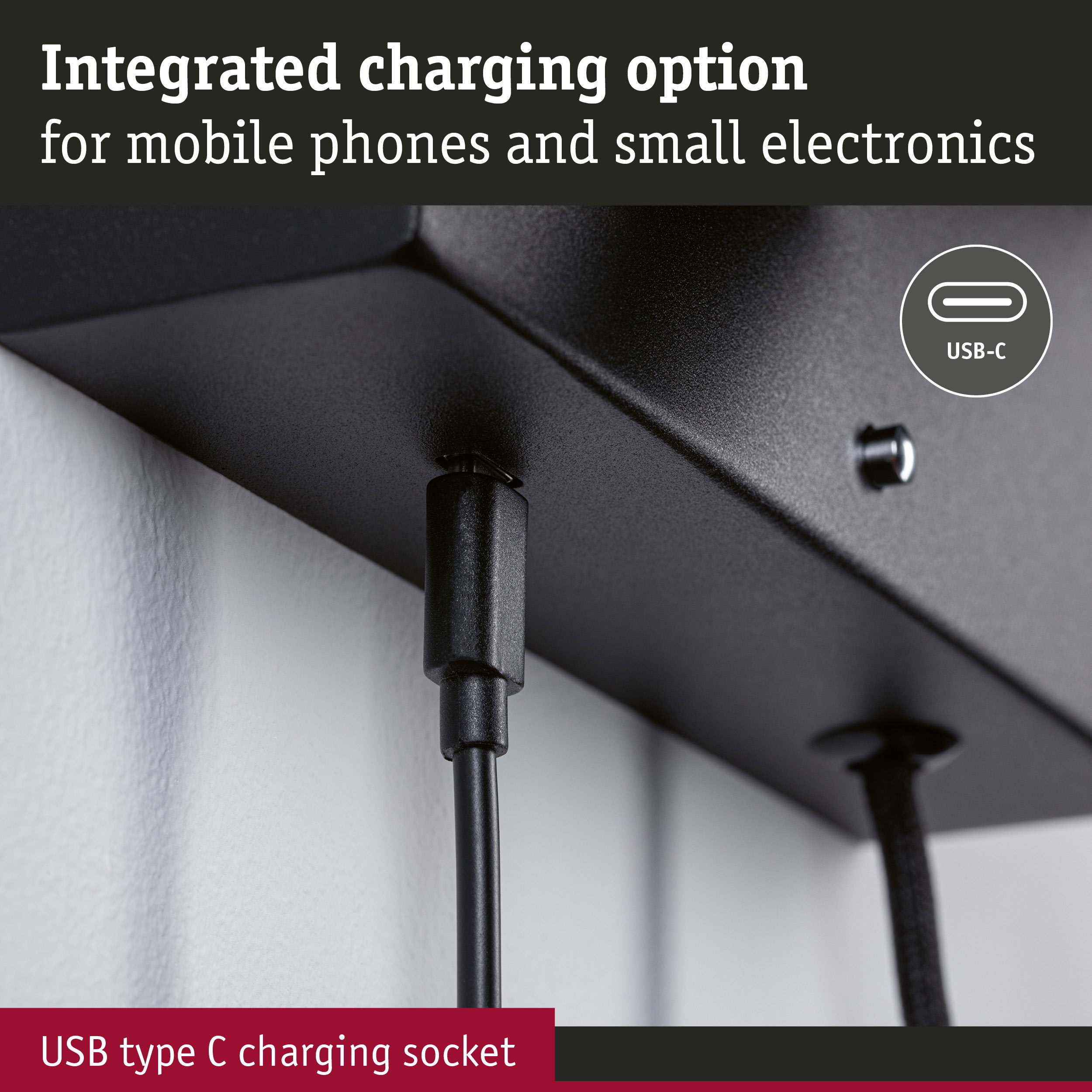 Black plastic USB-C charging socket with integrated charging port for mobile phones and electronics