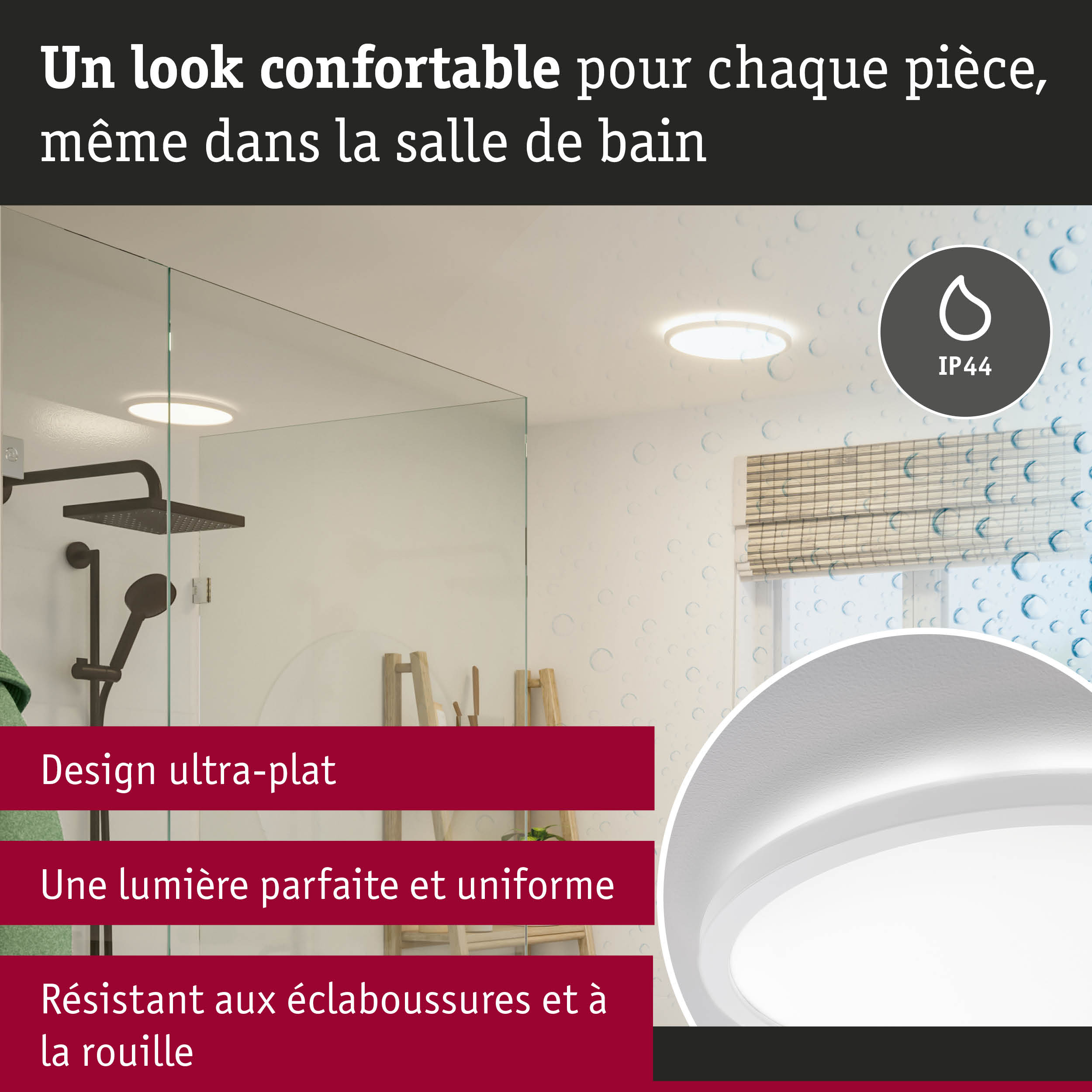 Plafonnier blanc ultra-plat pour salle de bain avec protection IP44 contre éclaboussures et rouille
