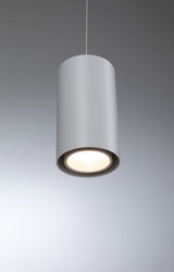 Moderner zylindrischer Deckenpendelleuchte aus grauem Metall mit warmweißem LED-Licht
