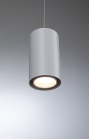 Moderner zylindrischer Deckenpendelleuchte aus grauem Metall mit warmweißem LED-Licht
