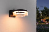 Moderne zwarte LED-buitenwandlamp met ronde acrylglas en warm wit licht voor tuinverlichting