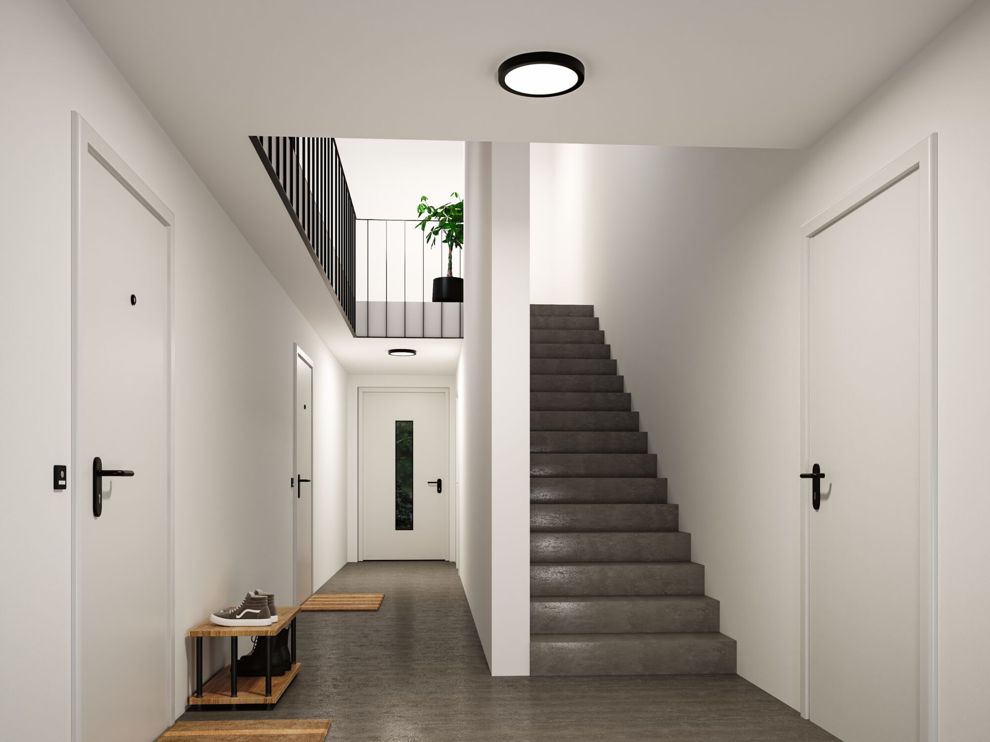 Moderner Flur mit schwarzer Deckenleuchte, weißen Türen und grauem Betonboden, minimalistisch eingerichtet