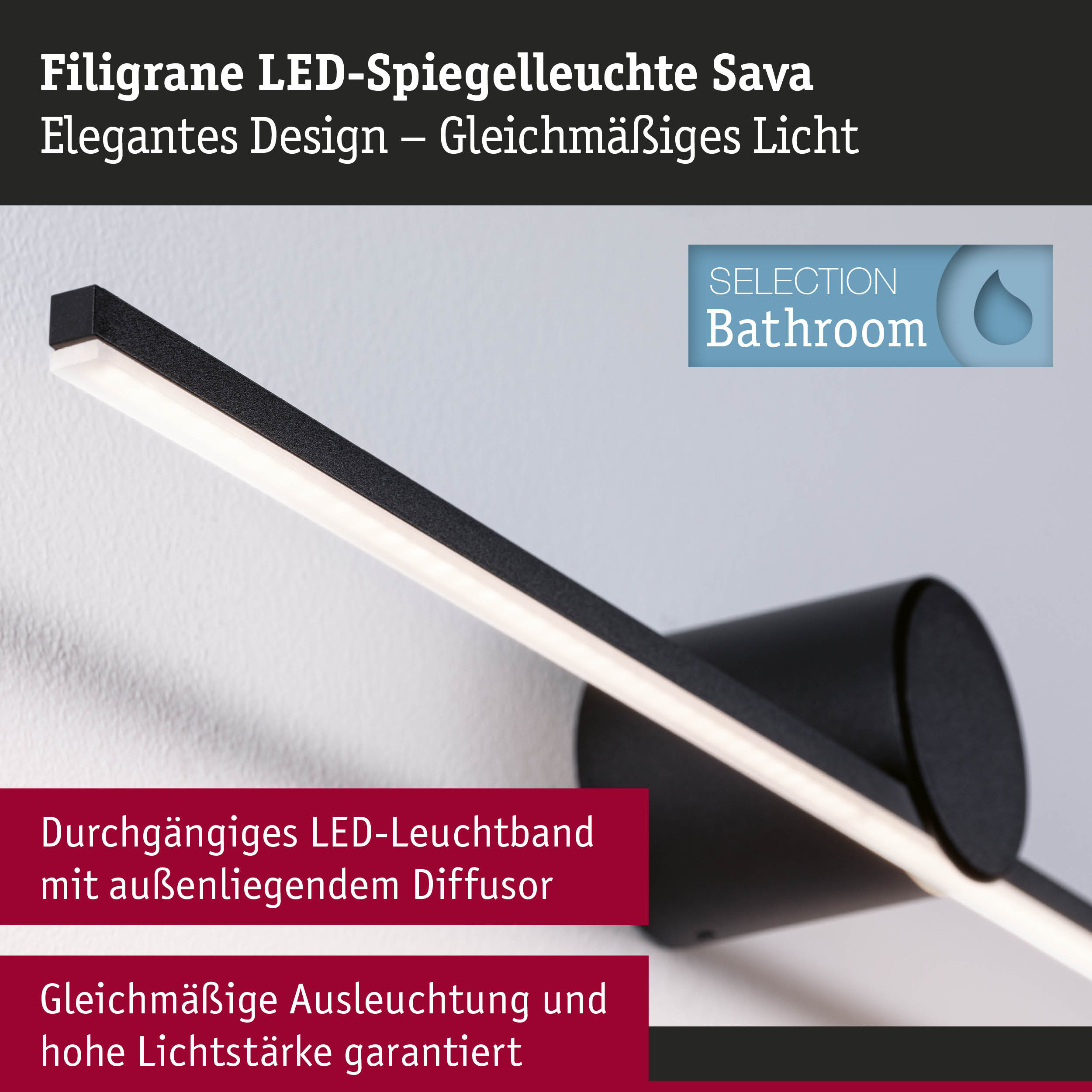 Filigrane schwarze LED-Spiegelleuchte Sava mit gleichmäßigem Licht und Diffusor für Badezimmer