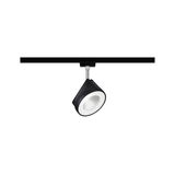 Black metal LED spotlight with white light ring on black track for modern indoor lighting