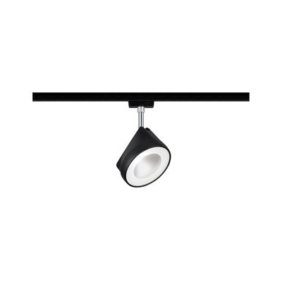 Black metal LED spotlight with white light ring on black track for modern indoor lighting
