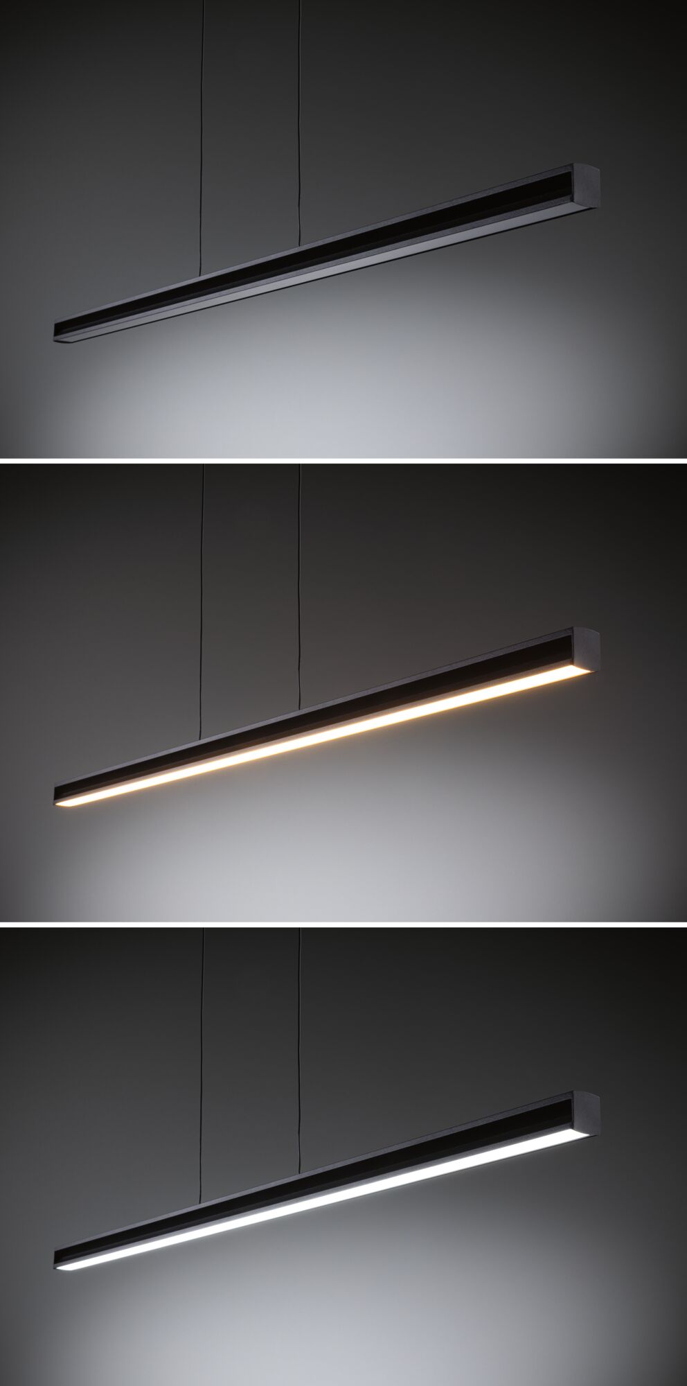 Schwarze LED-Pendelleuchte aus Aluminium mit warmweißem und kaltweißem Licht für moderne Innenräume