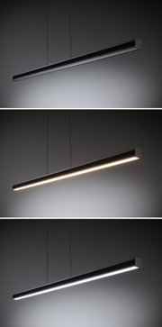 Schwarze LED-Pendelleuchte aus Aluminium mit warmweißem und kaltweißem Licht für moderne Innenräume