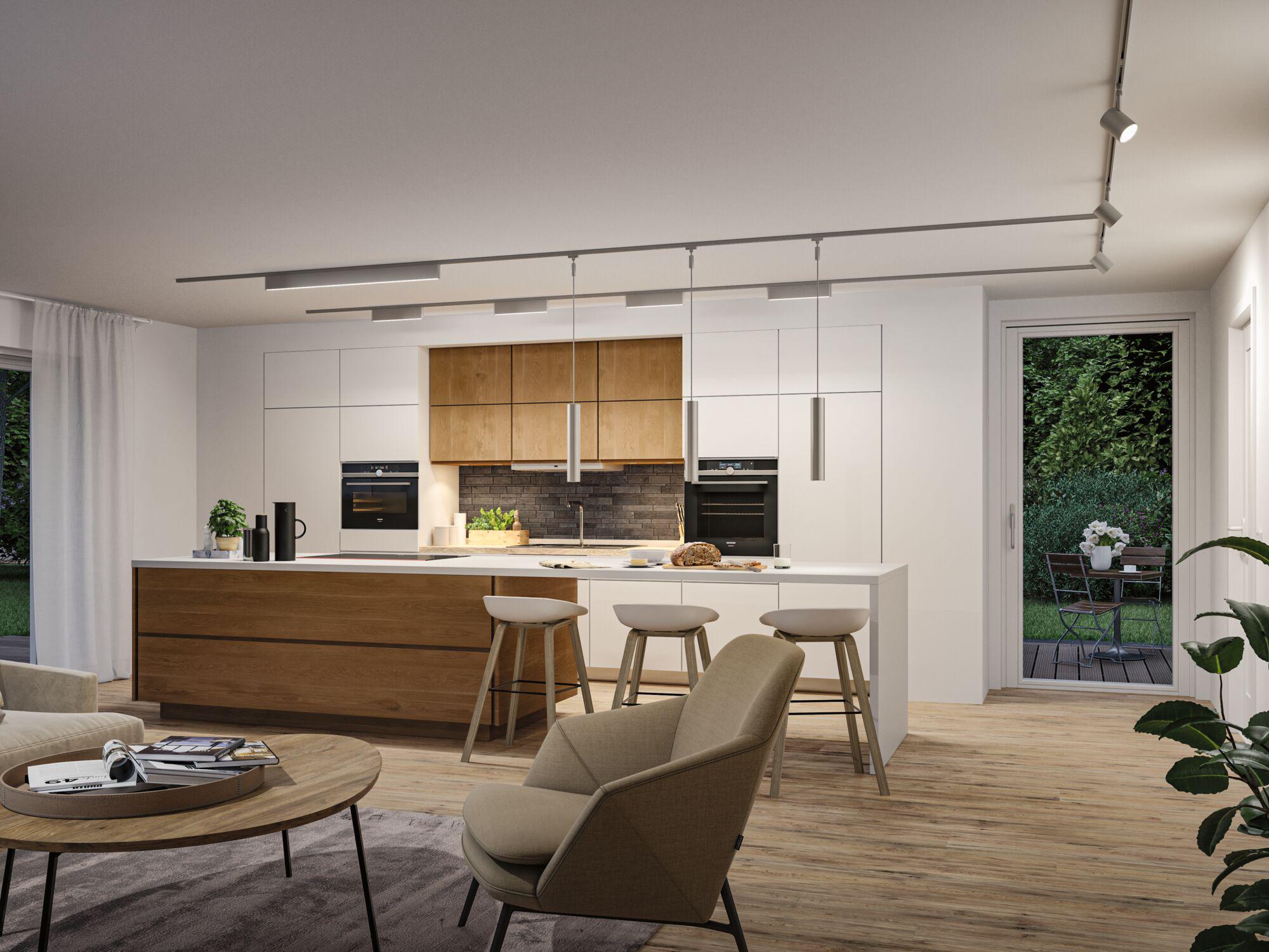 Moderne Küche mit Holzfronten, weißen Schränken und minimalistischer LED-Deckenbeleuchtung für Wohnraum.
