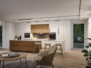 Modern kitchen with wood fronts, white cabinets, and minimalist LED ceiling lighting in living space.