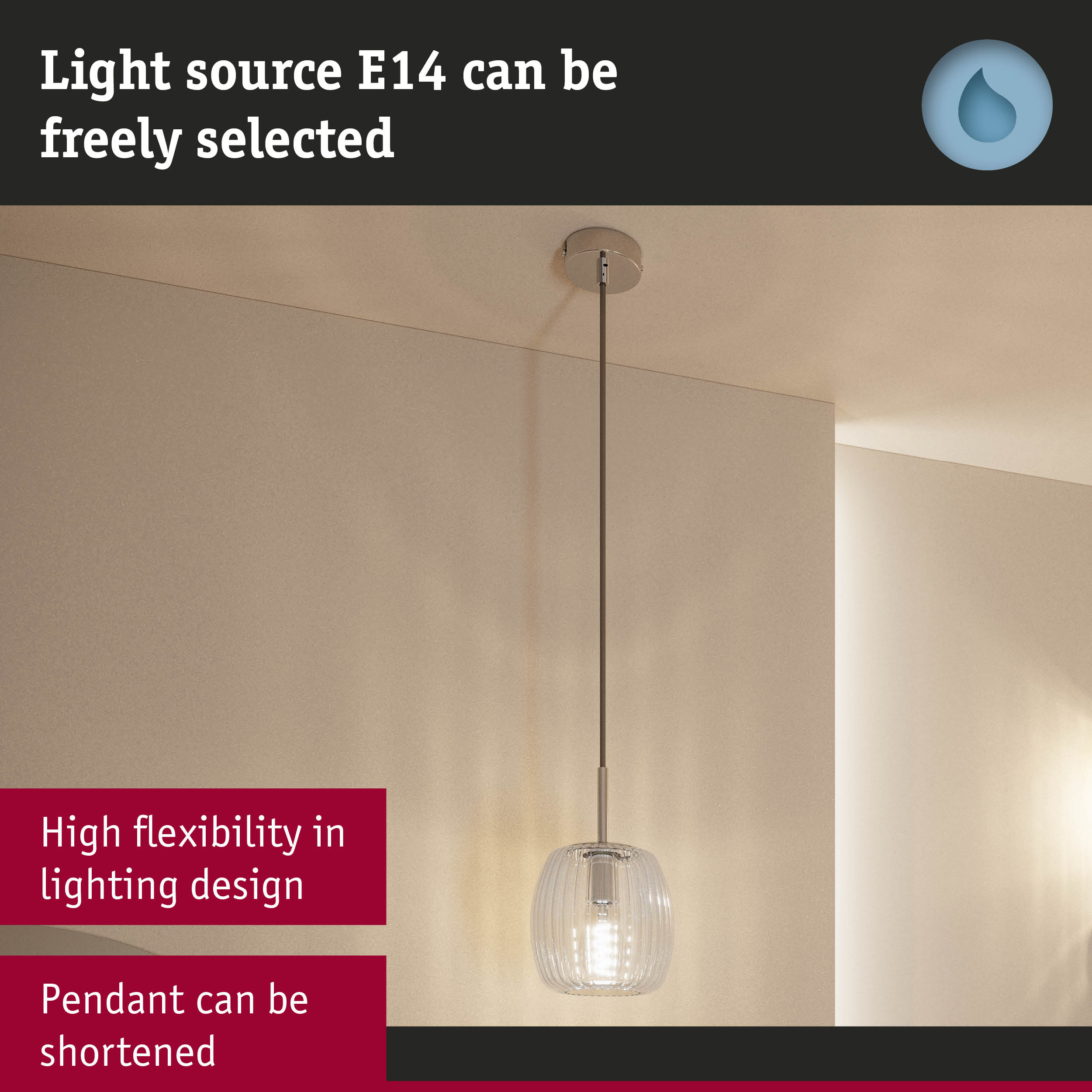 Pendant light with clear glass shade and adjustable beige cable for flexible lighting design