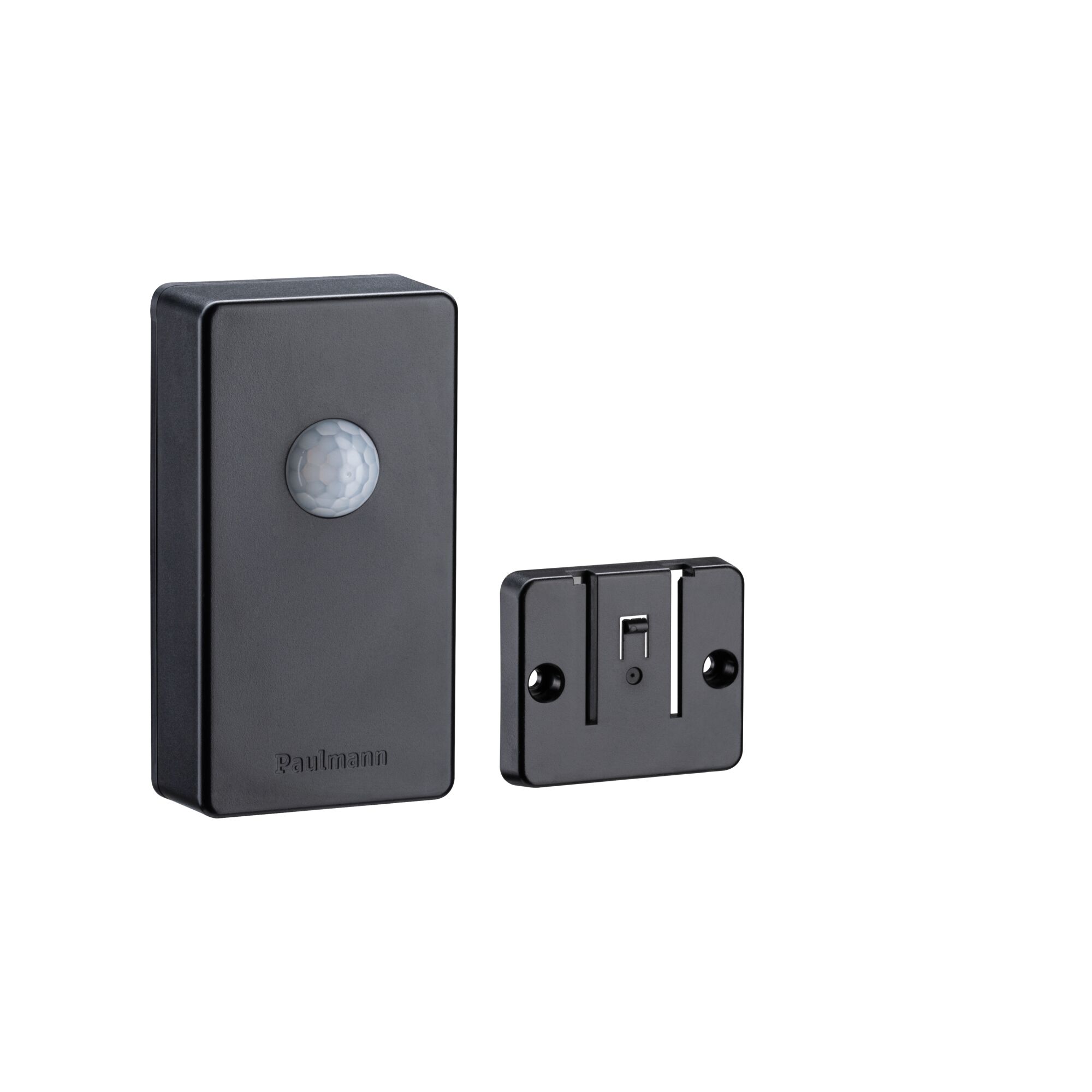 Black plastic motion sensor with mounting plate for indoor lighting control and automation
