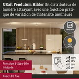 Cuisine moderne avec suspensions LED blanc chaud et fonction de variation d’intensité lumineuse en 3 étapes