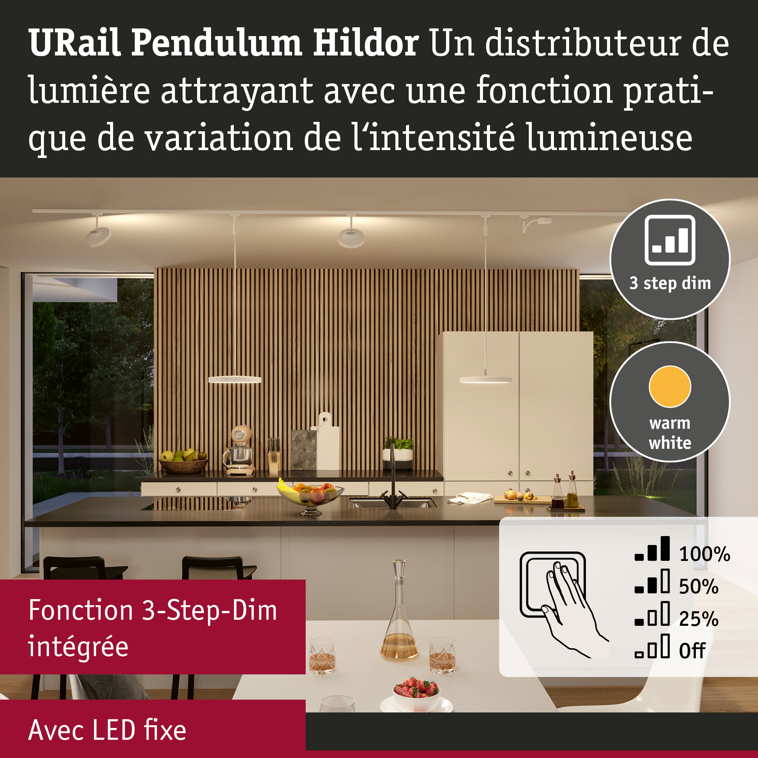 Luminaire URail Pendulum Hildor LED blanc avec fonction 3-step dim et lumière blanc chaud