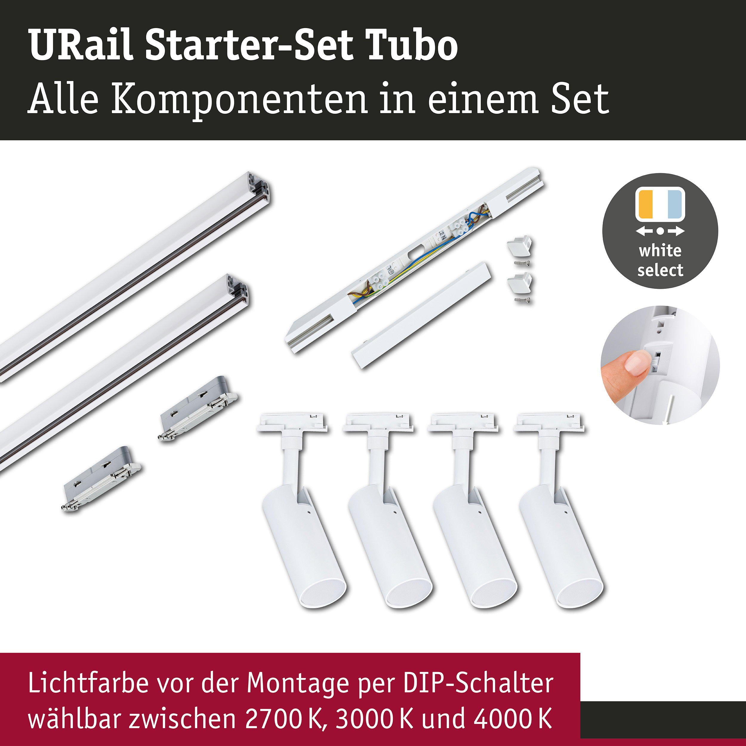 URail Schienenspot Tubo Starterset Mitteleinspeisung 4x4W 230V Signalweiß