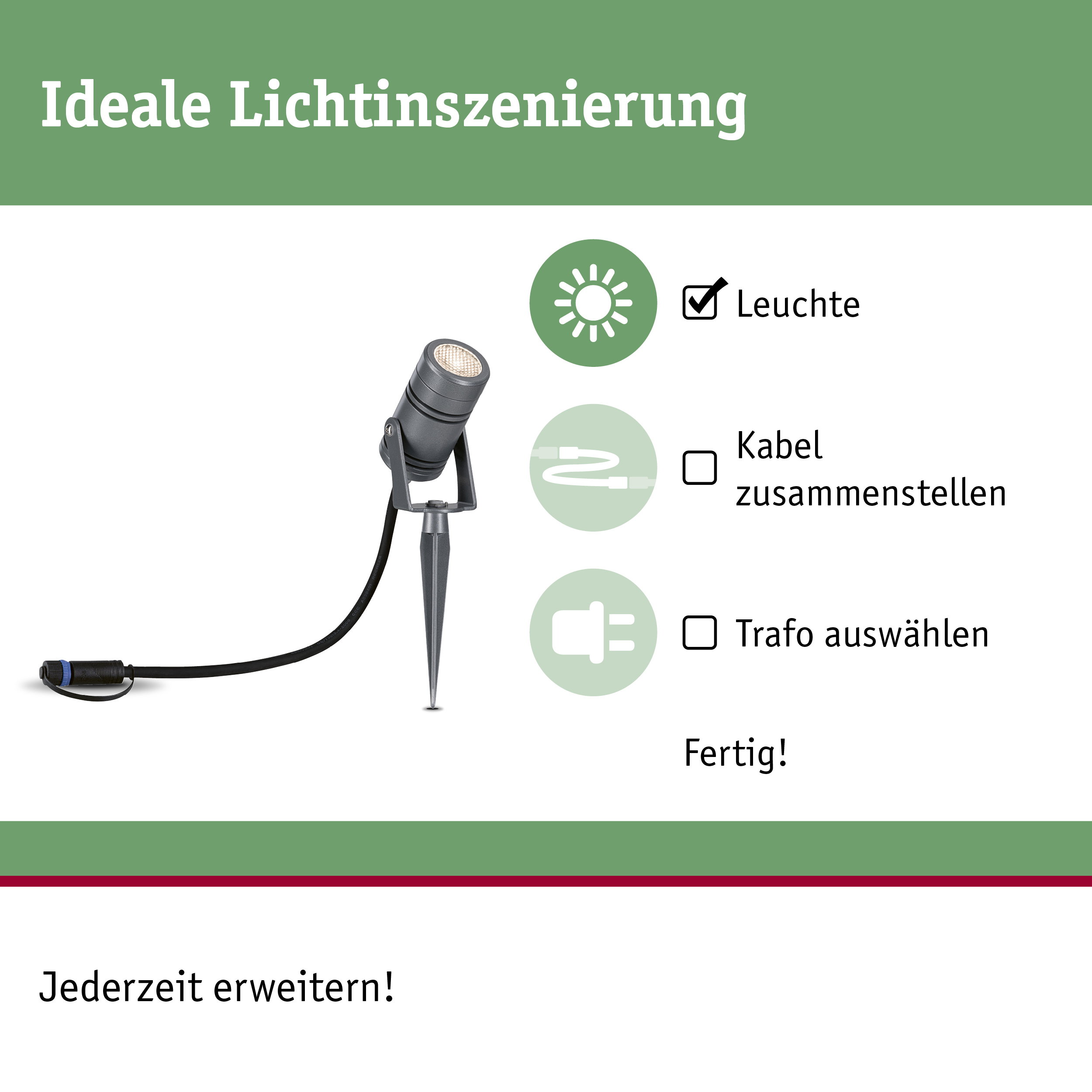 Schwarze LED-Gartenleuchte mit Erdspieß und Kabelanschluss für flexible Außenbeleuchtung
