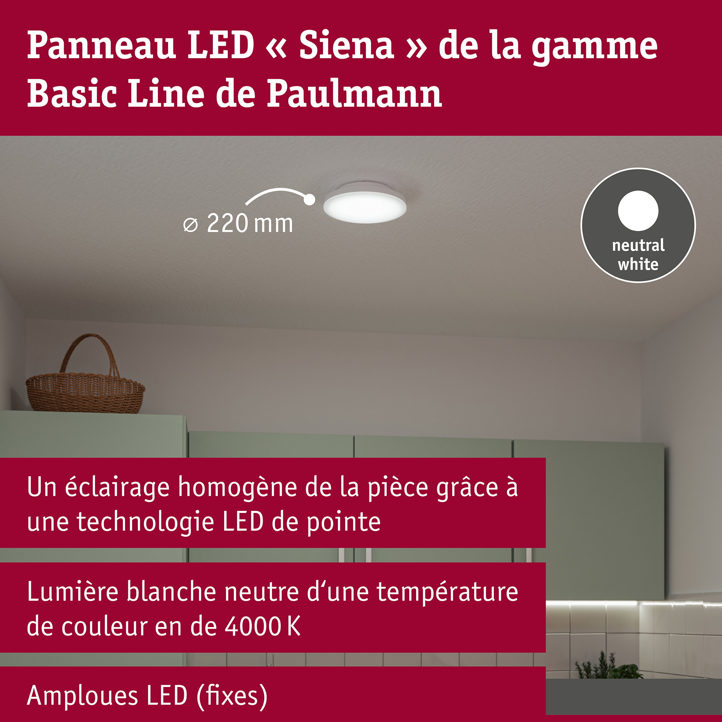 Plafonnier LED Siena 4000K 220mm 1100lm 230V 12,3W