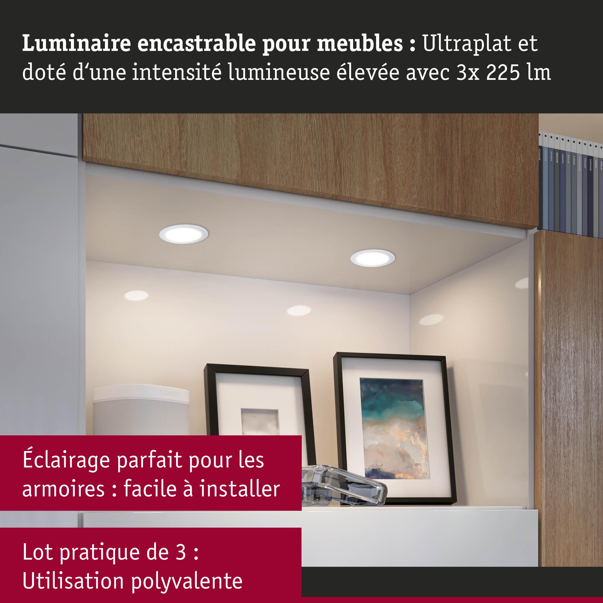 Luminaire encastrable blanc ultrafin pour meubles avec forte intensité lumineuse, idéal pour armoires