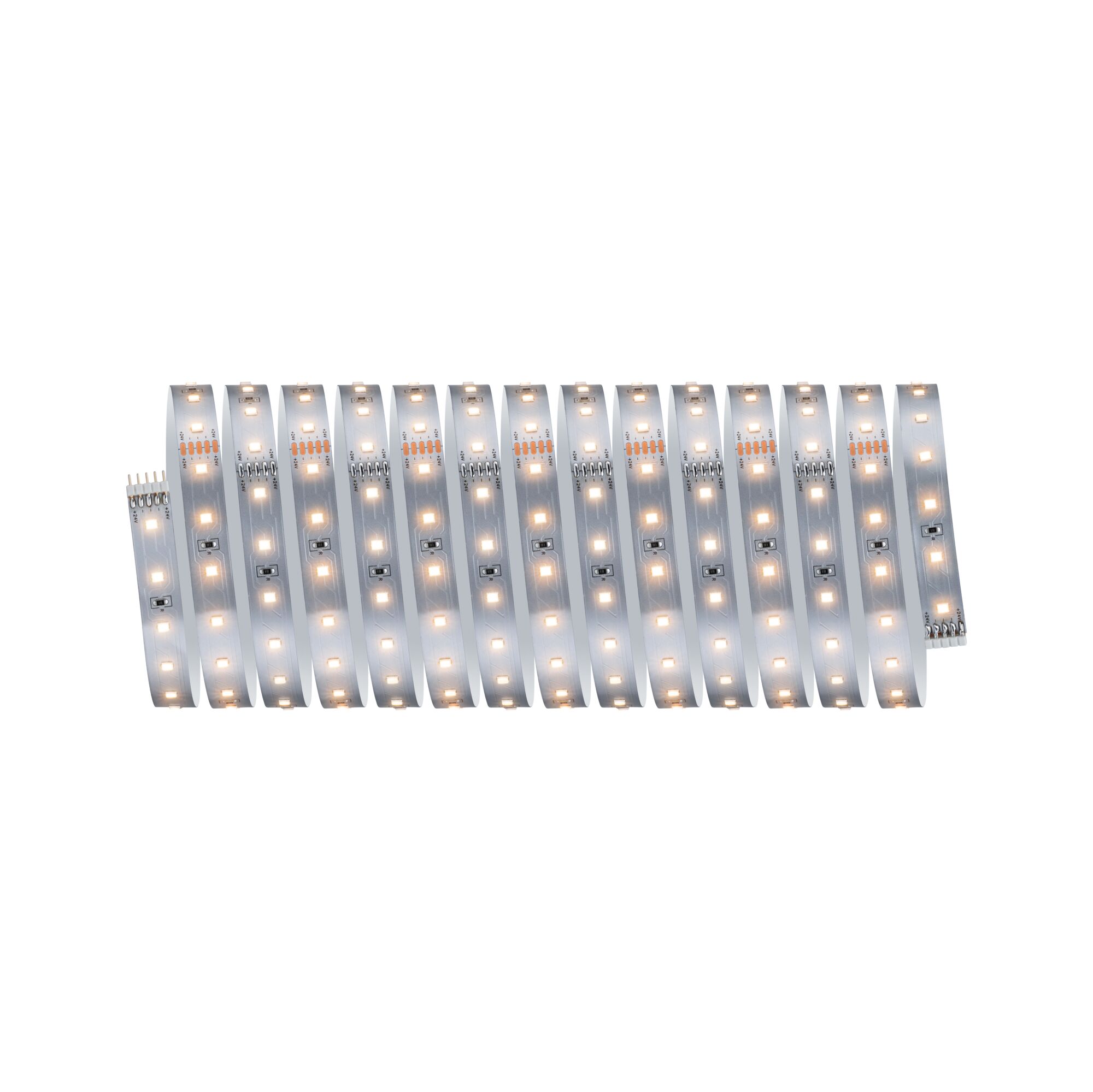 Flexible LED strip with warm white LEDs on silver board for versatile lighting solutions