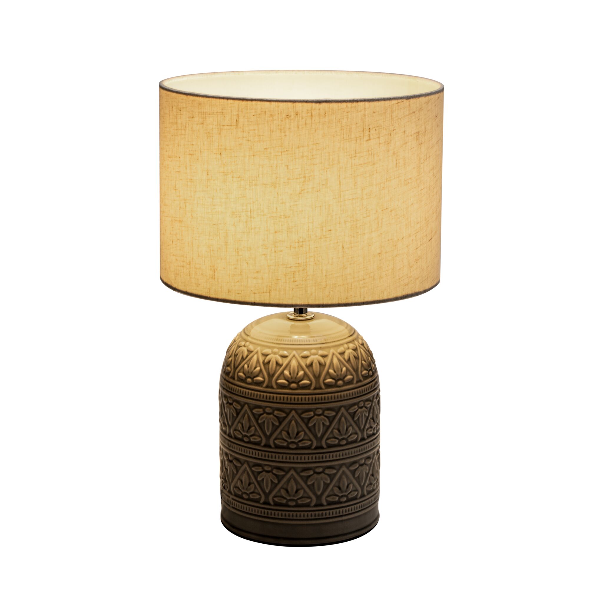 Lampe de table avec abat-jour en tissu crème et pied en céramique marron à motif floral pour intérieur