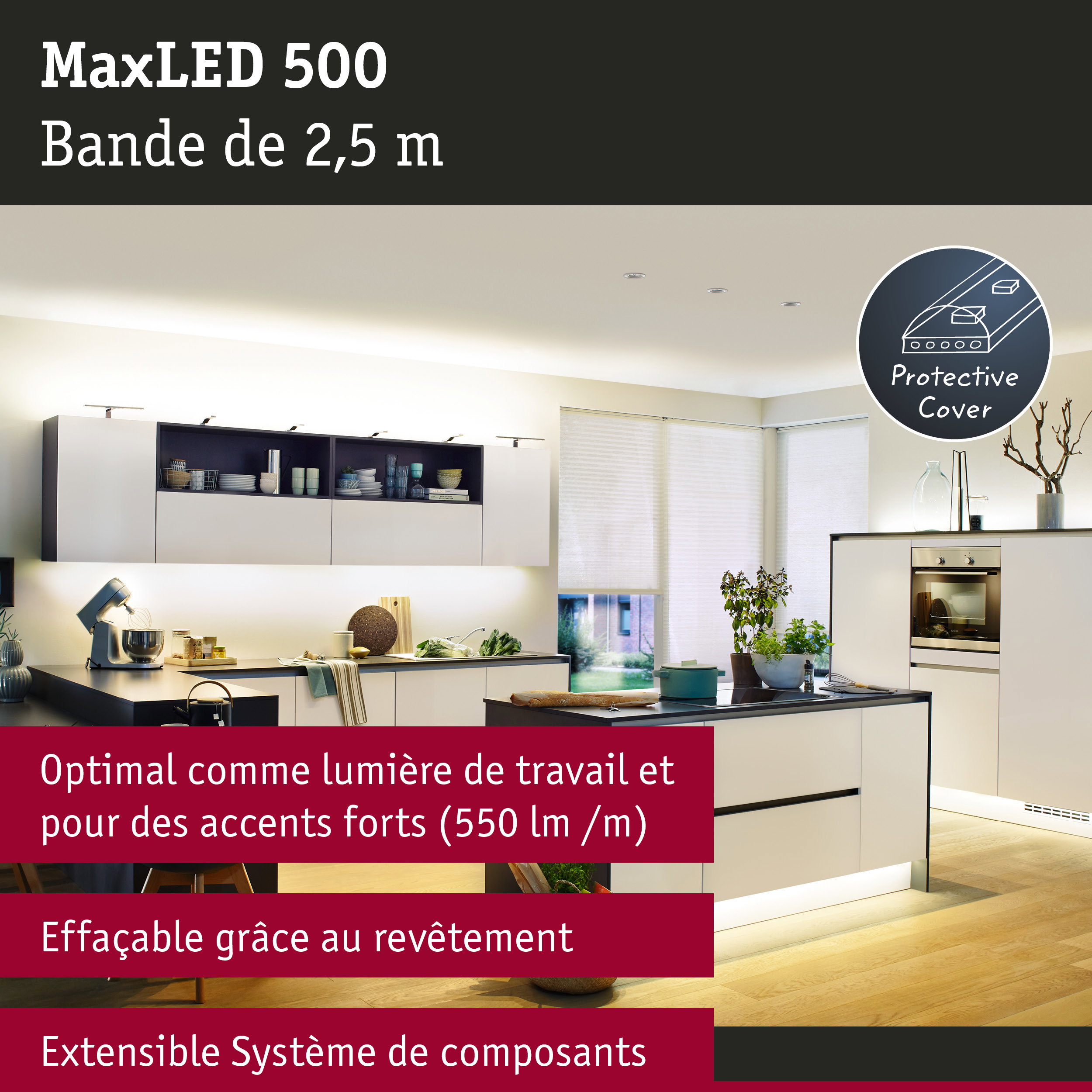 Cuisine moderne avec bande LED MaxLED 500 de 2,5 m et protection pour un éclairage de travail optimal