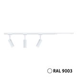 Three white LED spotlights on white rail in RAL 9003 for flexible room lighting