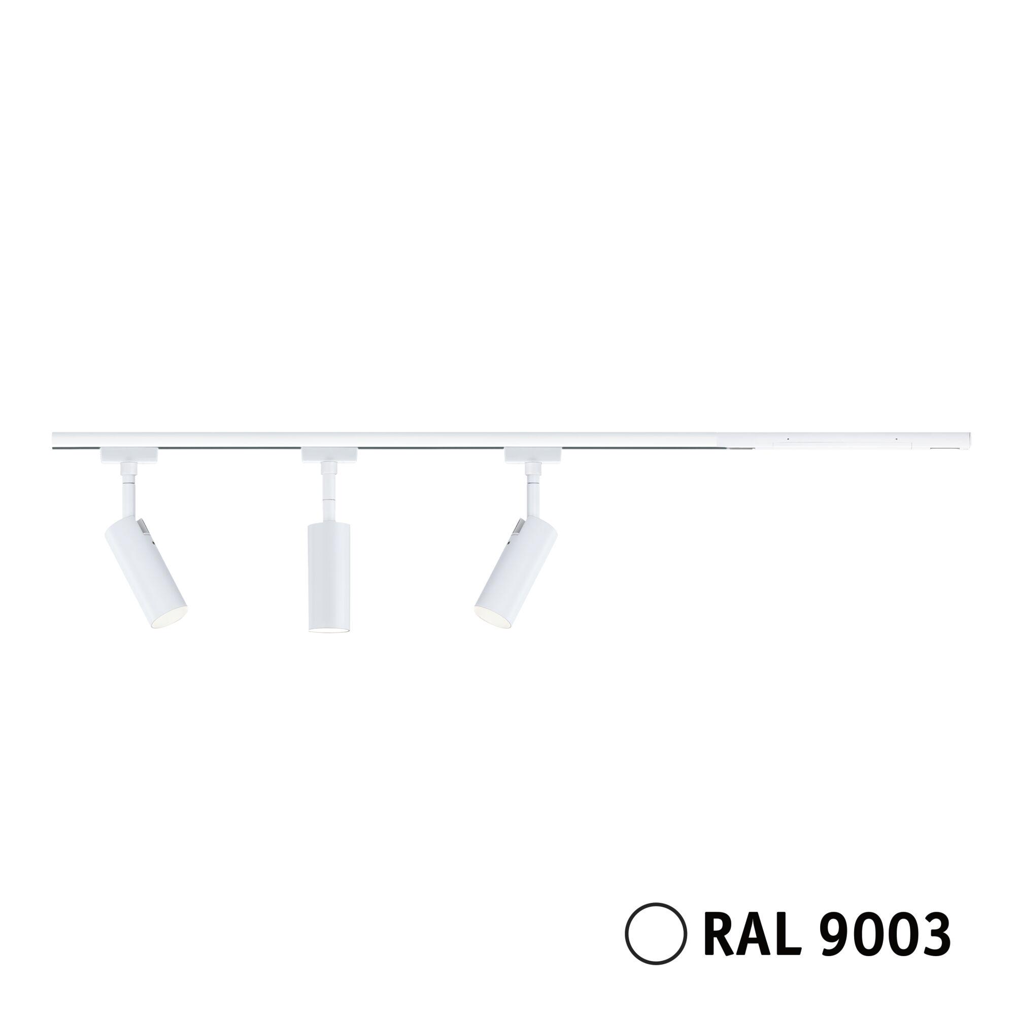 White metal LED track light with three adjustable spotlights for modern interior lighting