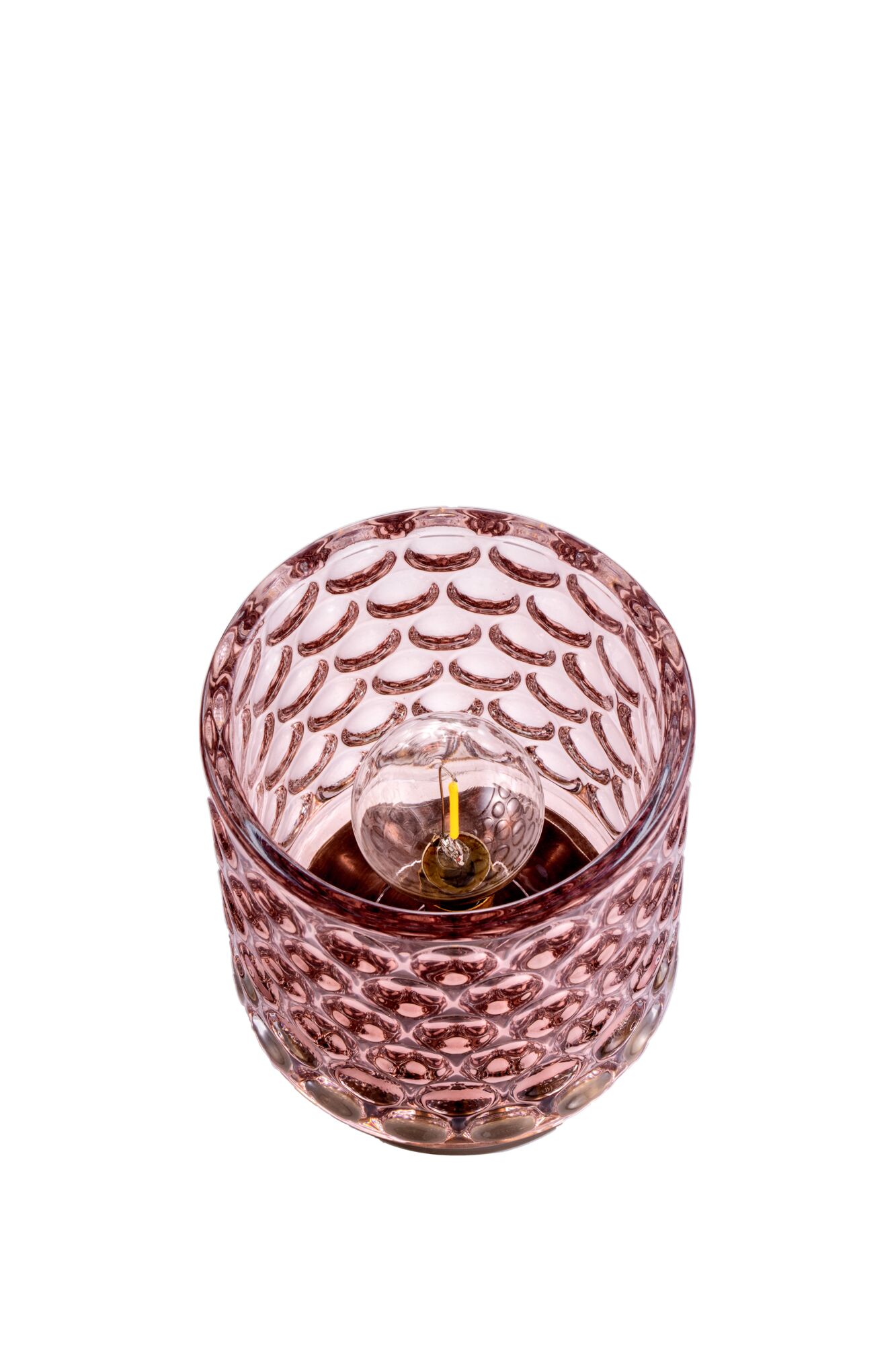 Pink glass tealight holder with textured pattern and visible bulb for decorative lighting accents