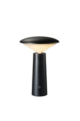 Modern black LED table lamp with conical base and warm white light for ambient lighting in living spaces