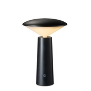 Modern black LED table lamp with conical shade and touch switch for ambient lighting in interiors