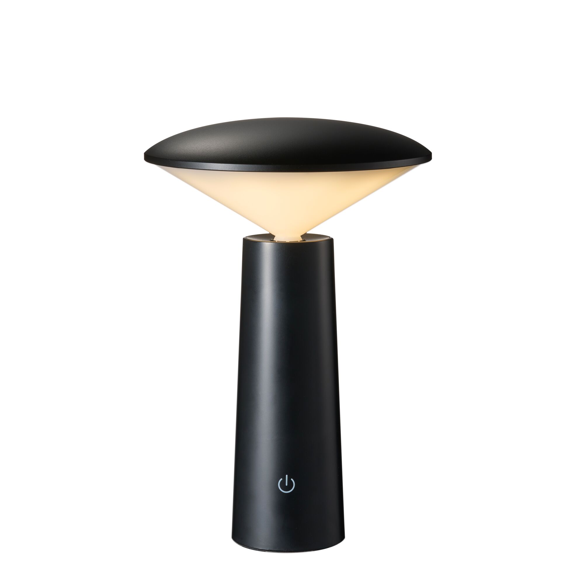 Modern black LED table lamp with conical shade and touch switch for ambient lighting in interiors