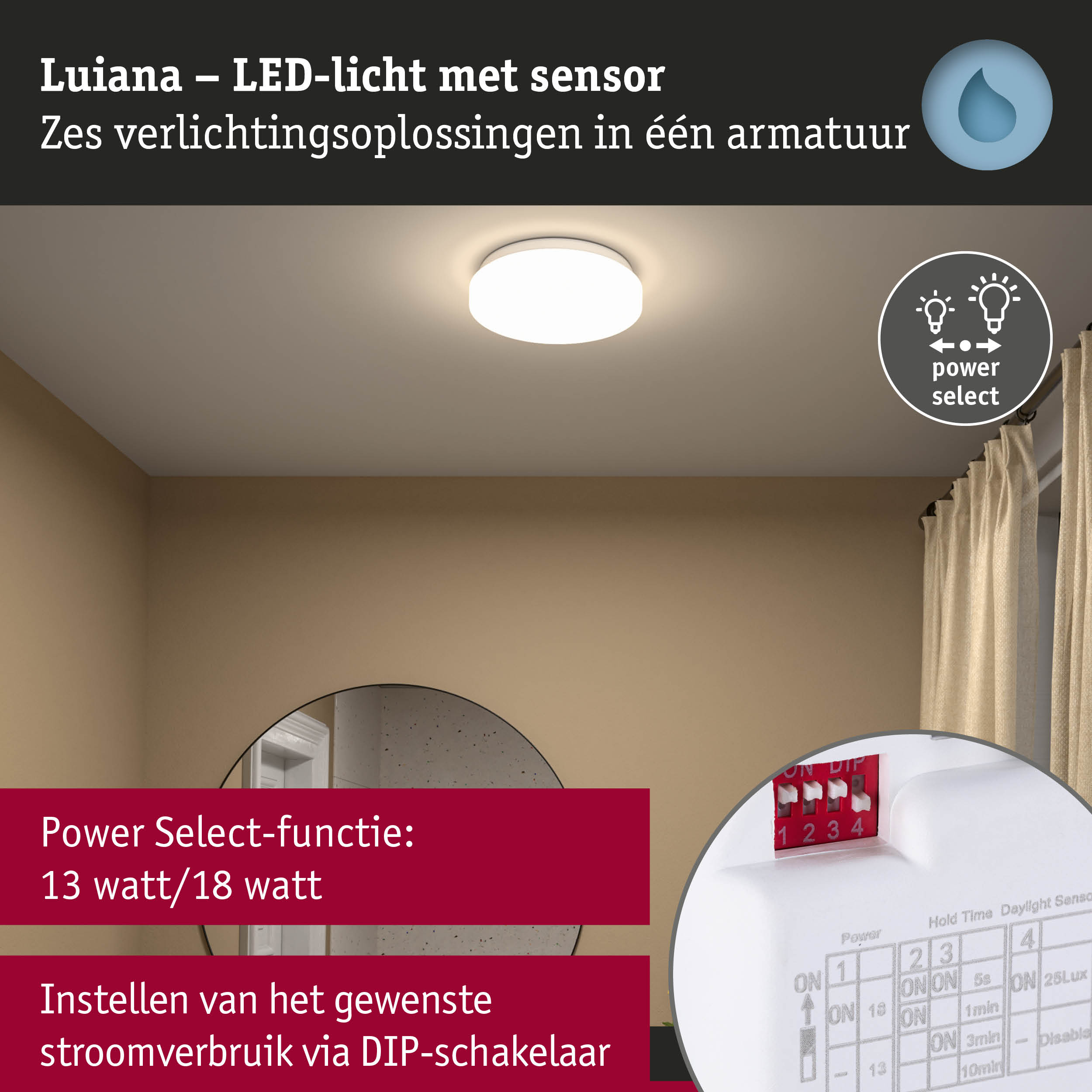 Witte Luiana LED-plafondlamp met sensor en Power Select functie voor energiezuinige verlichting