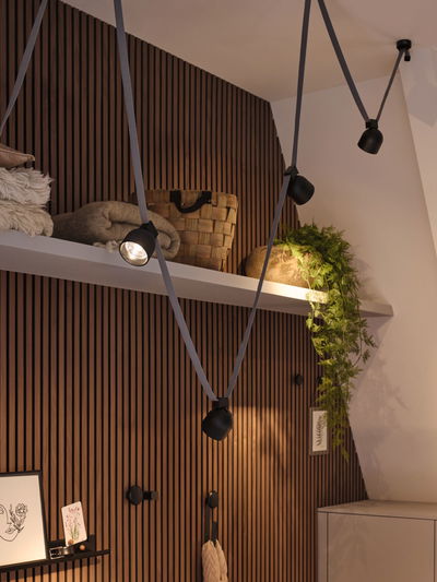 Modern black cable spotlights on grey cords against wooden slat wall with decor and plants.