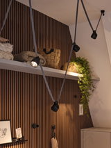 Moderne sorte kabelspots på grå ledninger foran trælamelvæg med dekoration og planter.