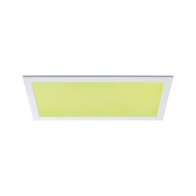 Rechteckiges LED-Panel mit weißem Rahmen und gelbgrünem Leuchtfeld für moderne Raumbeleuchtung