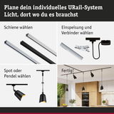 Anleitung zur Planung eines URail-Systems mit Schienen, Verbindern, Spots und Pendelleuchten in Schwarz.