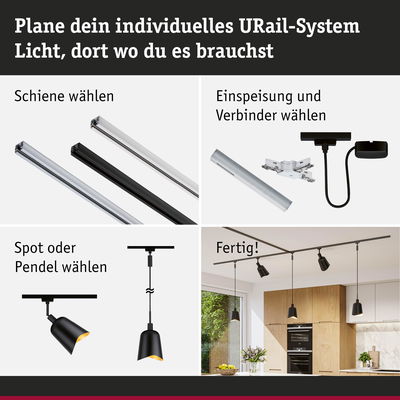 Anleitung zur Planung eines URail-Systems mit Schienen, Verbindern, Spots und Pendelleuchten in Schwarz.