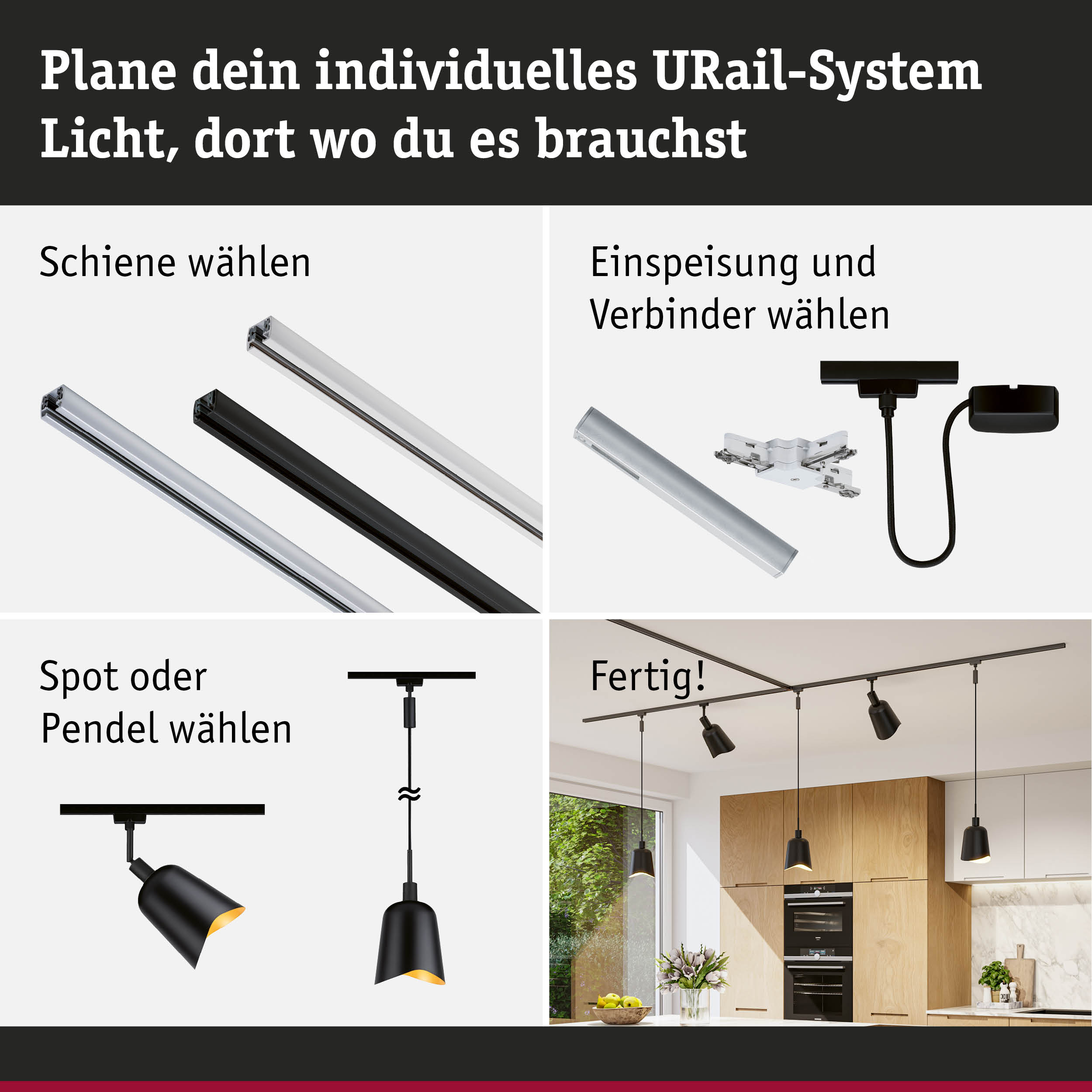 Modulares URail-Schienensystem in Schwarz und Weiß mit Spots und Pendelleuchten für flexible Raumbeleuchtung
