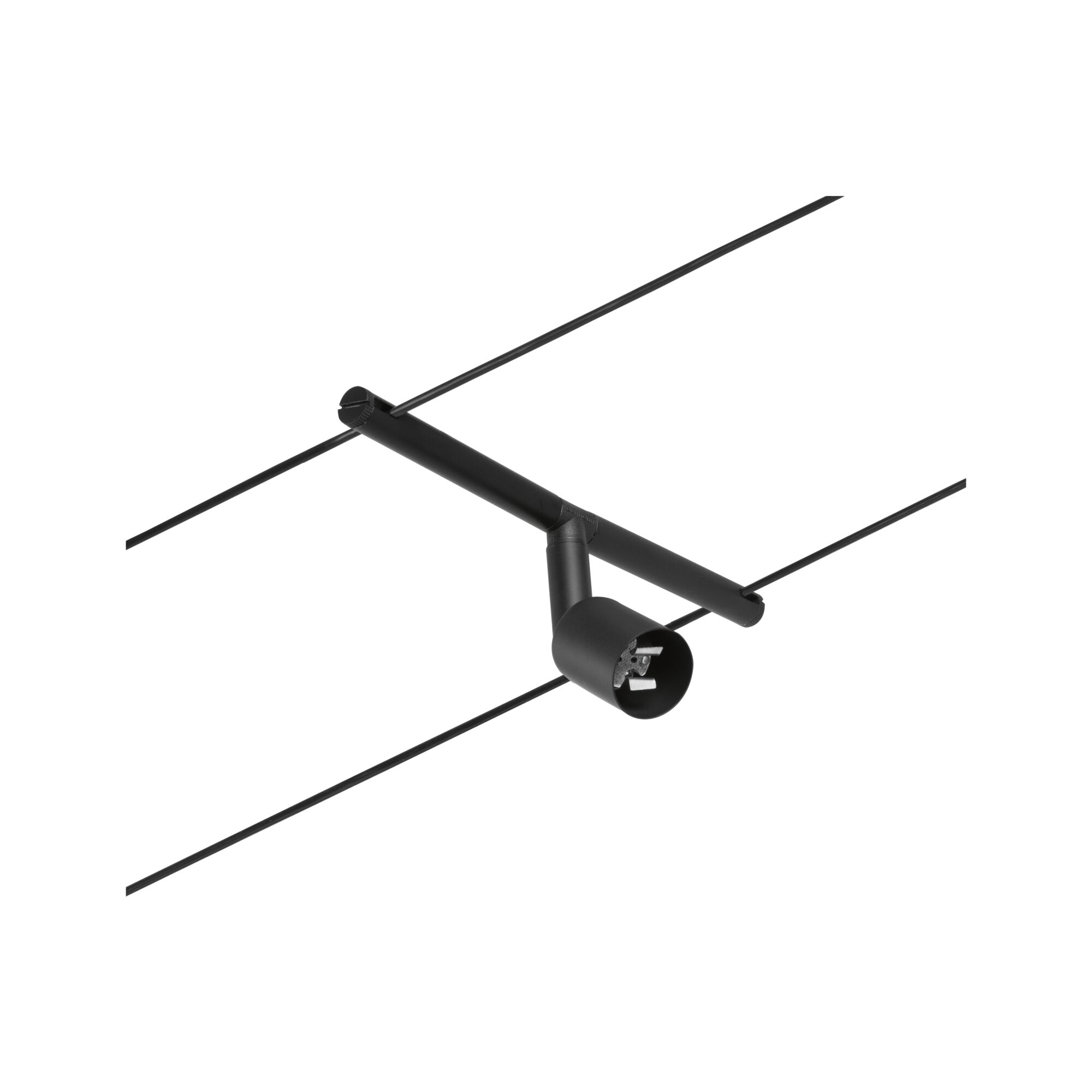 Black metal LED cable spotlight with cylindrical head for modern lighting solutions and interior design.