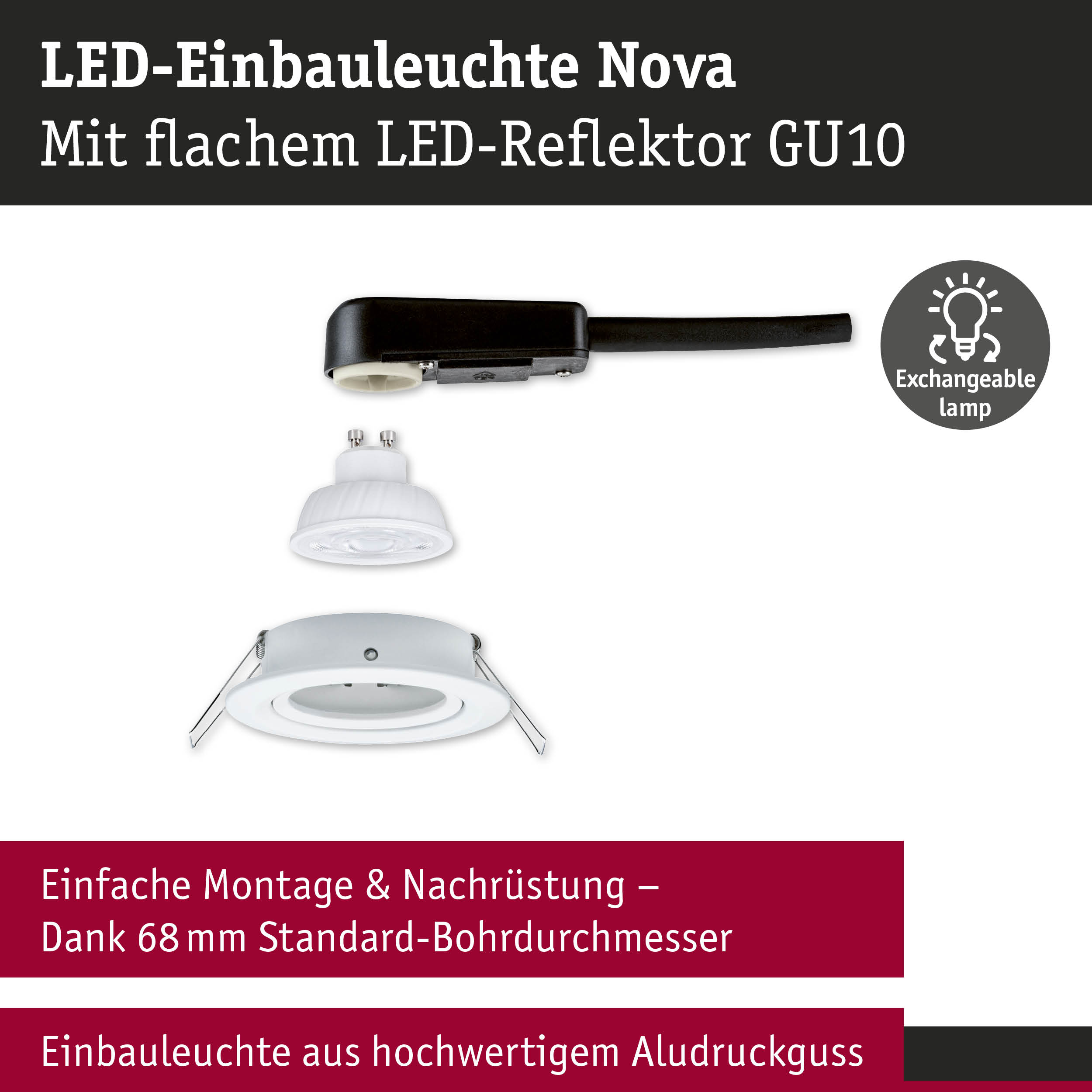 LED-Einbauleuchte Nova aus weißem Aludruckguss mit flachem GU10 LED-Reflektor und einfache Montage