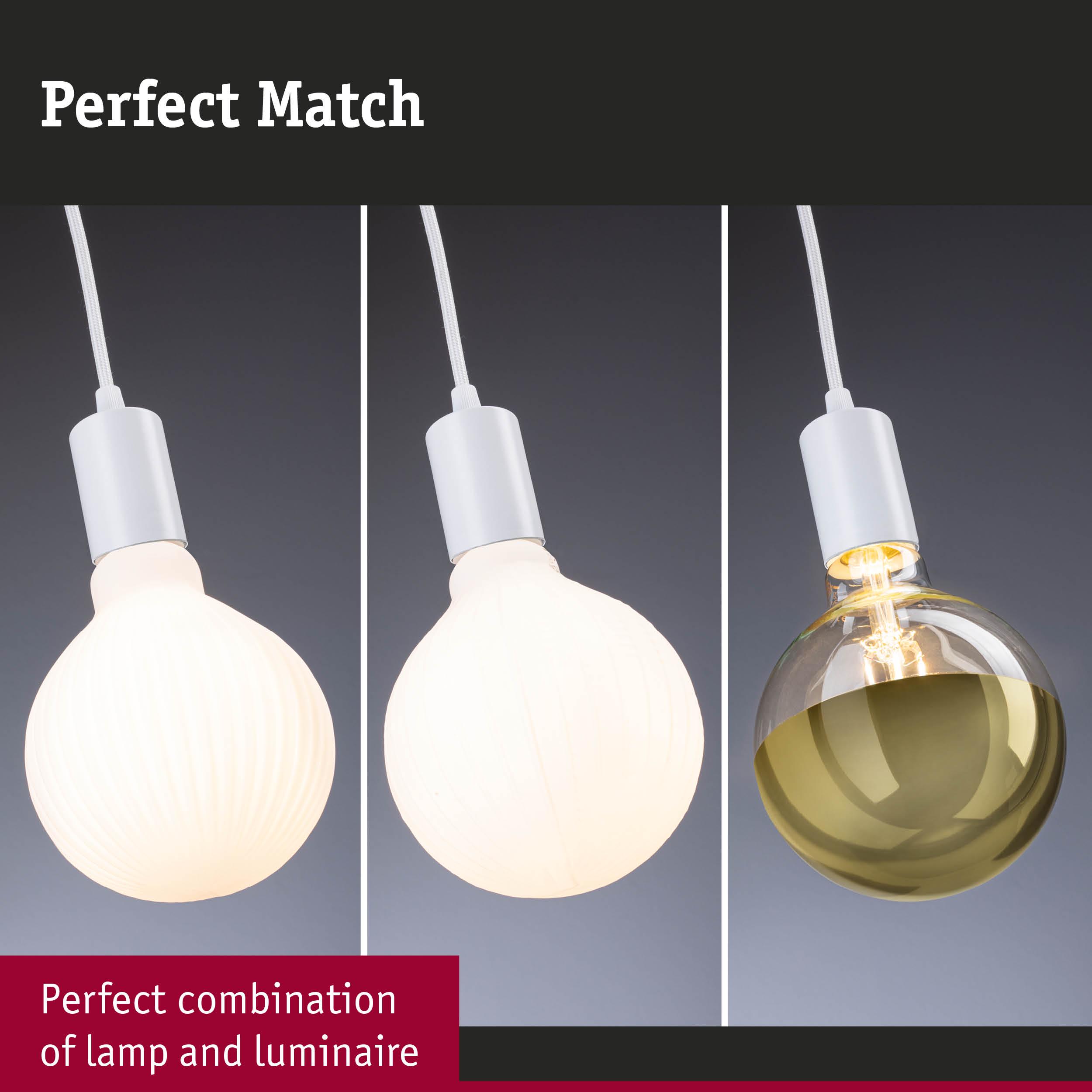 Three white and gold LED bulbs with white fittings showing lamp and luminaire combinations